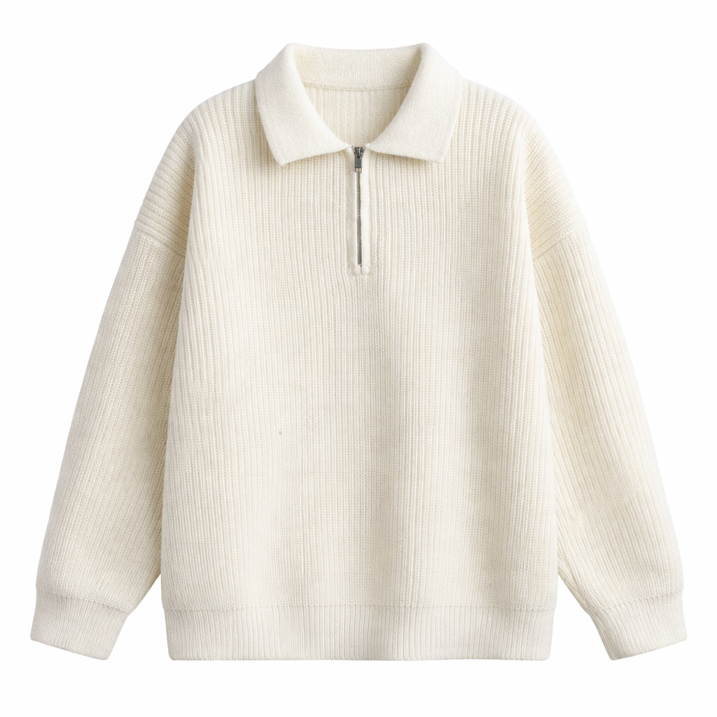 Ruime quarter-zip herentrui met polokraag en grove rib - ivoorwit