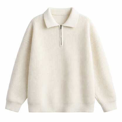 Ruime quarter-zip herentrui met polokraag en grove rib - ivoorwit