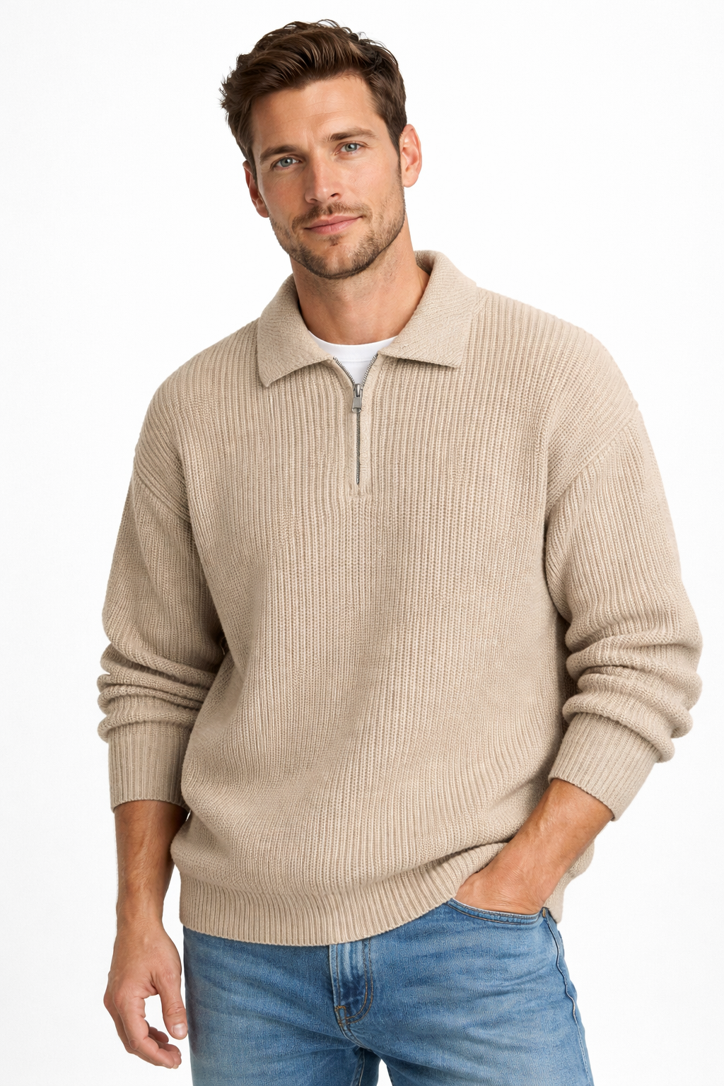 Ruime quarter-zip herentrui met polokraag en grove rib