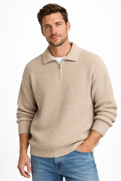 Ruime quarter-zip herentrui met polokraag en grove rib