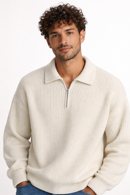Ruime quarter-zip herentrui met polokraag en grove rib