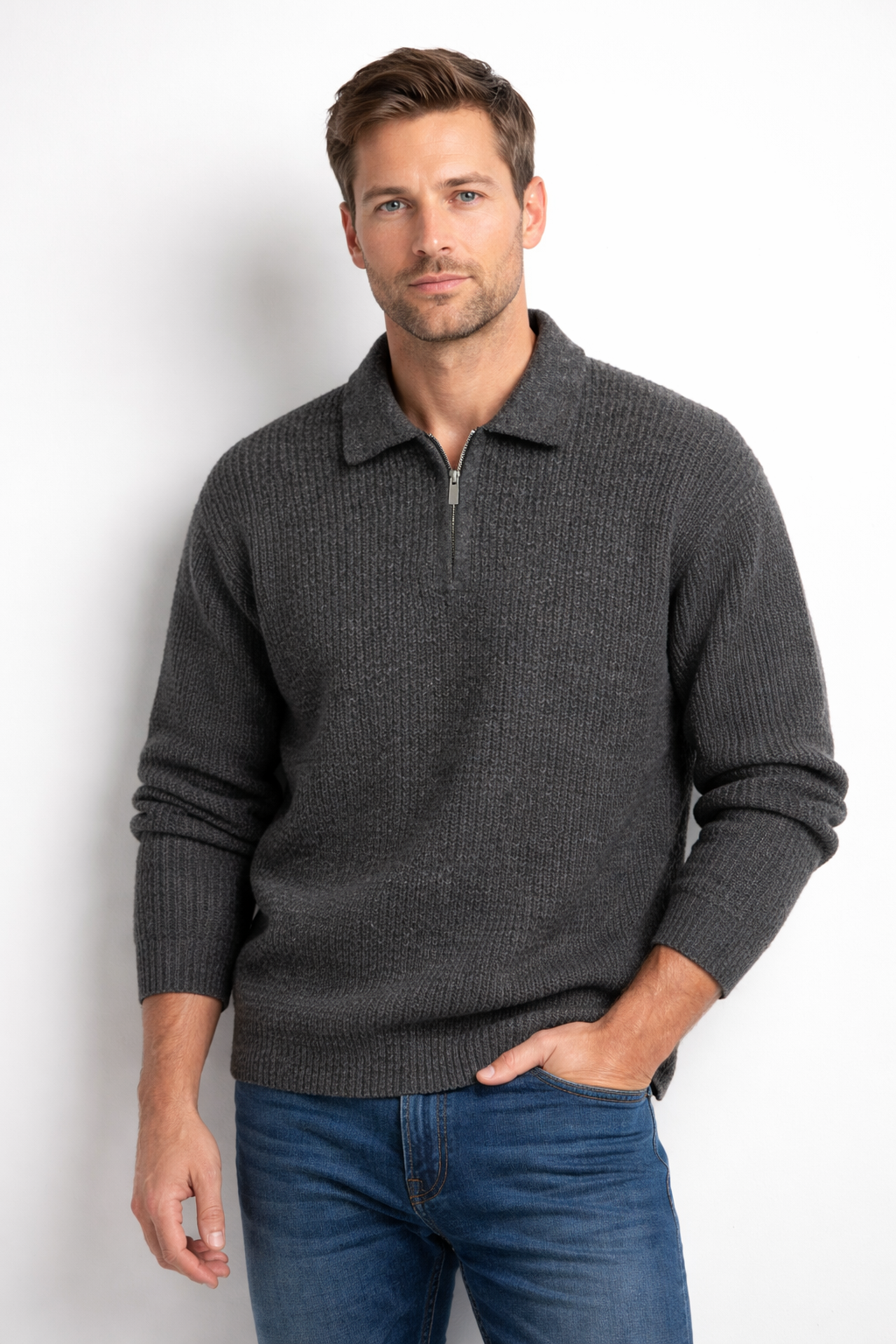 Ruime quarter-zip herentrui met polokraag en grove rib