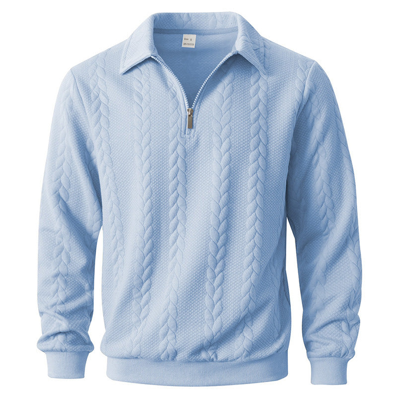 Quarter-zip herentrui met kabelmotief en polokraag - lichtblauw