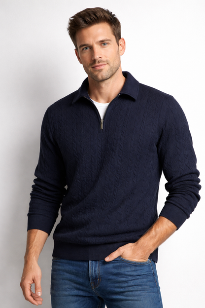 Quarter-zip herentrui met kabelmotief en polokraag