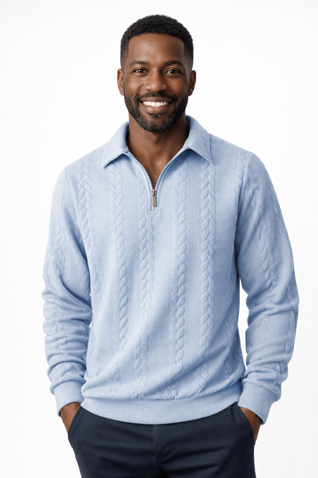 Quarter-zip herentrui met kabelmotief en polokraag