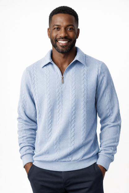 Quarter-zip herentrui met kabelmotief en polokraag