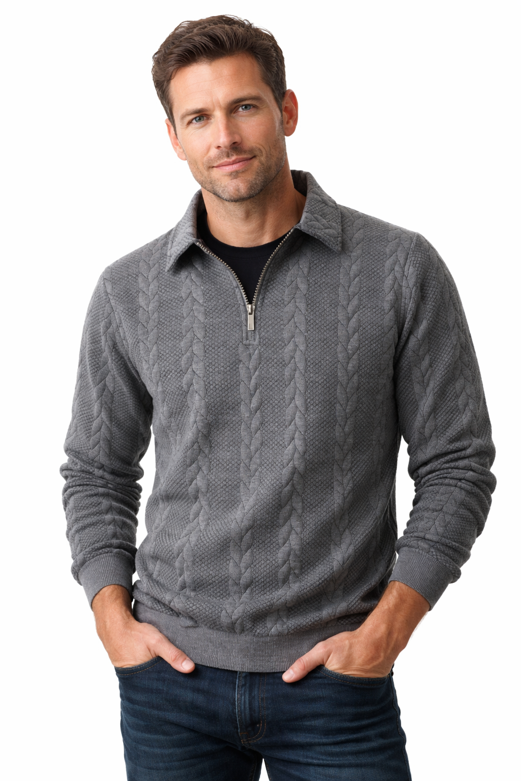 Quarter-zip herentrui met kabelmotief en polokraag