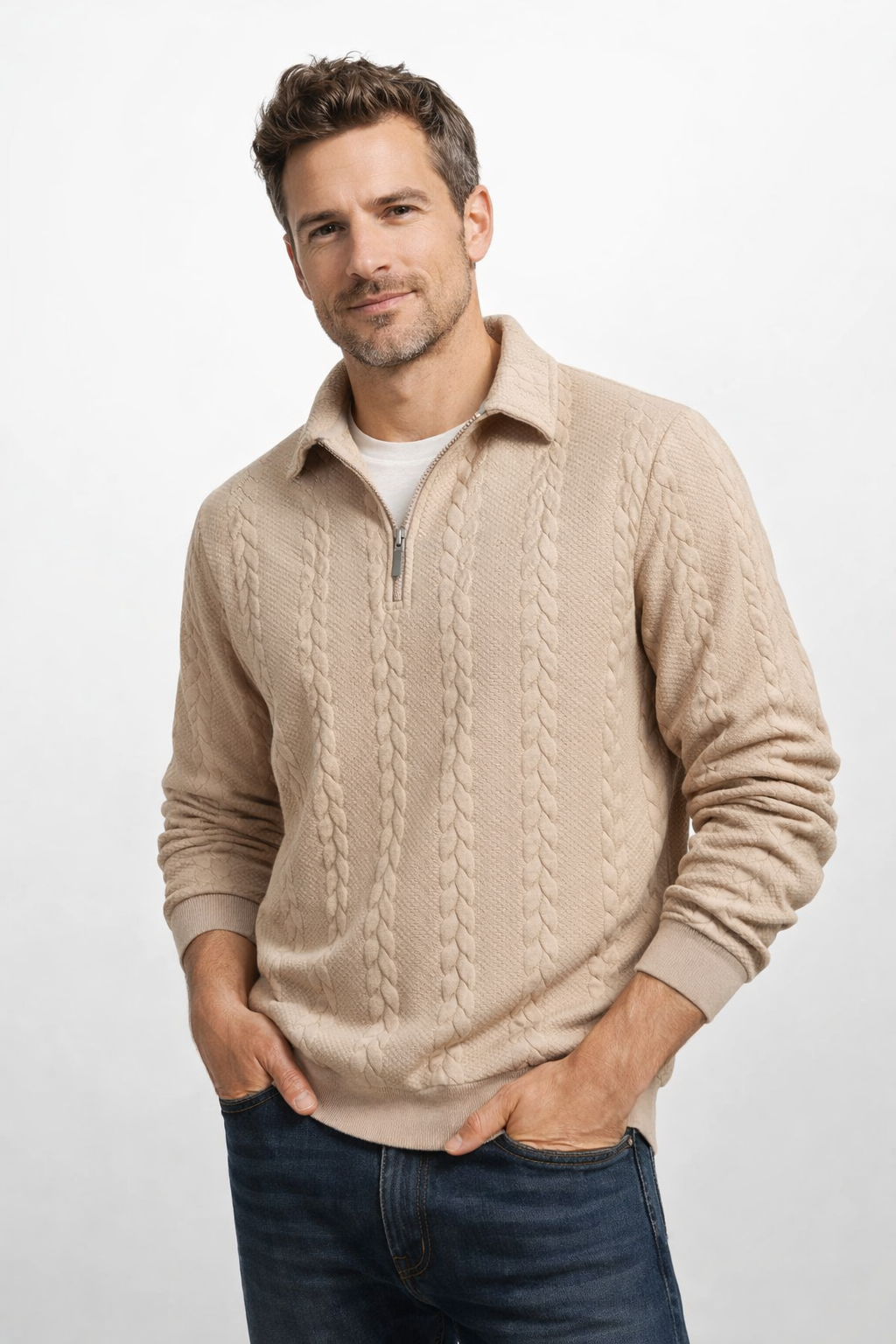 Quarter-zip herentrui met kabelmotief en polokraag