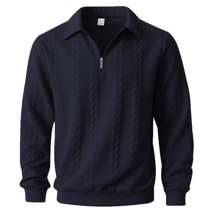 Quarter-zip herentrui met kabelmotief en polokraag - marineblauw