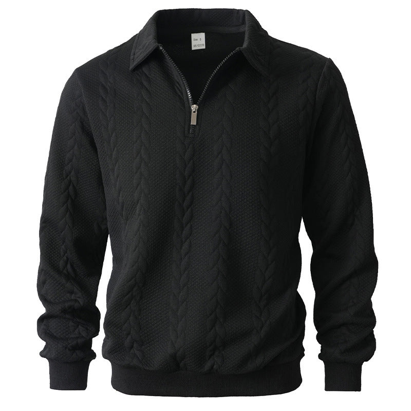 Quarter-zip herentrui met kabelmotief en polokraag - zwart