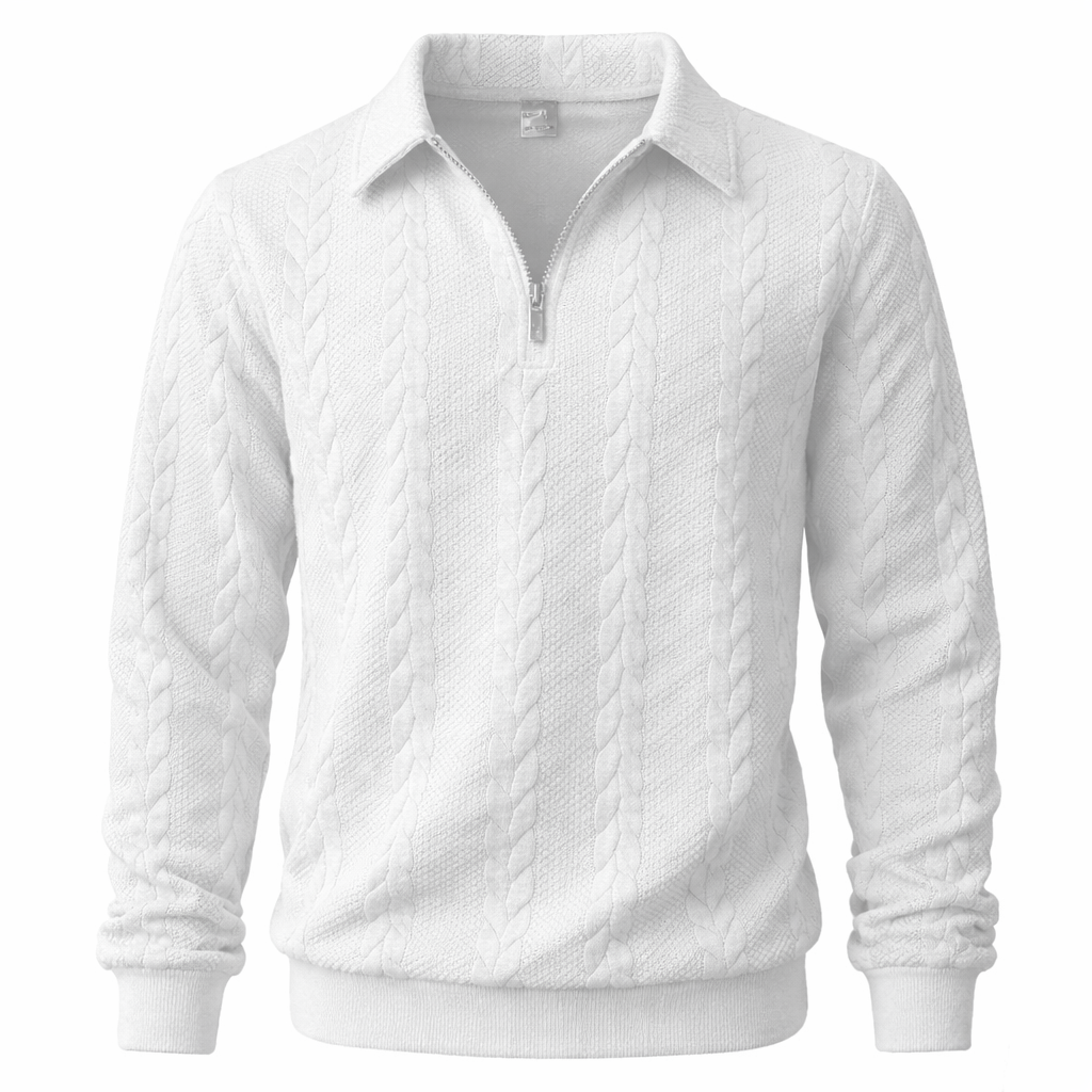 Quarter-zip herentrui met kabelmotief en polokraag - wit