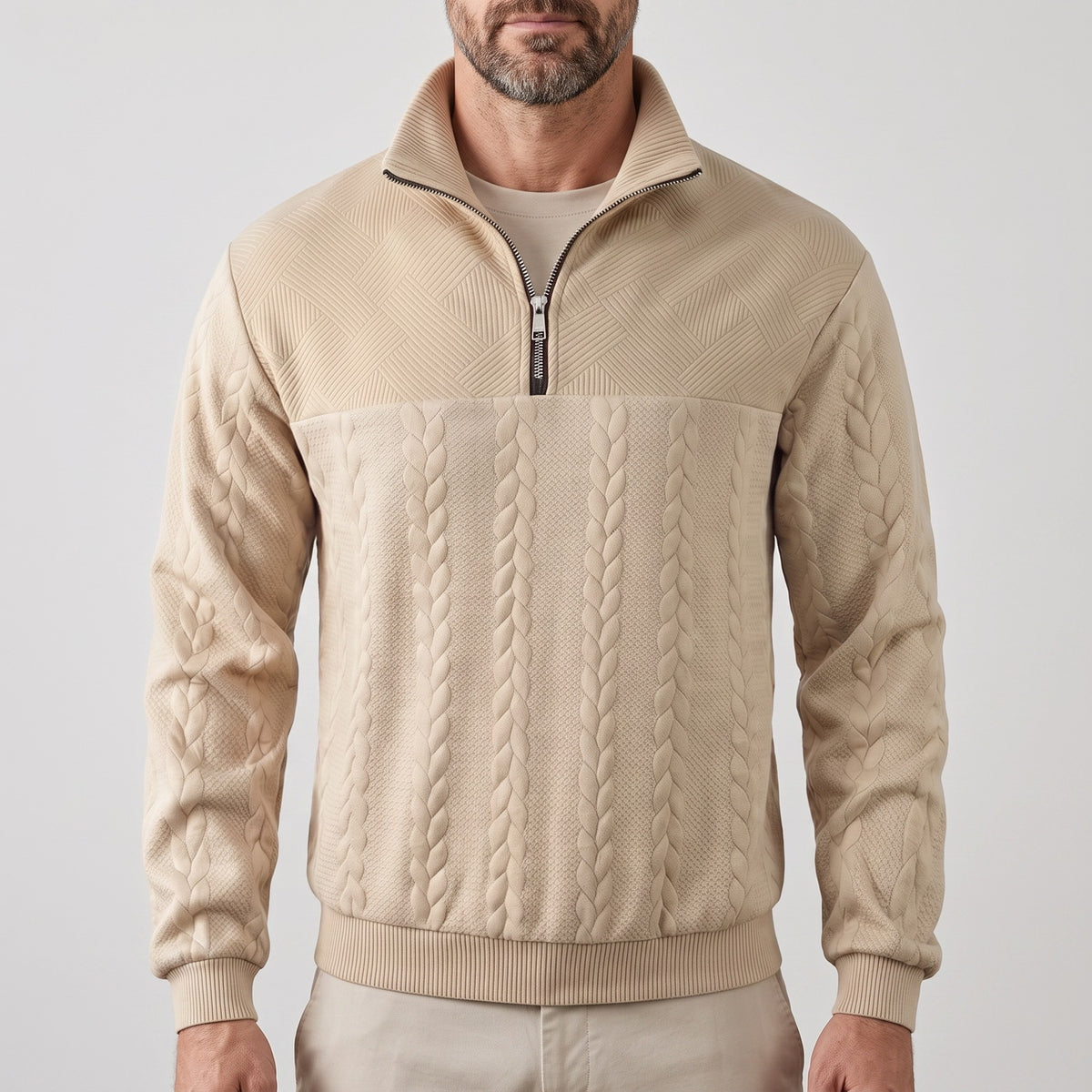 Quarter-zip herentrui met kabelreliëf en opstaande kraag - zand