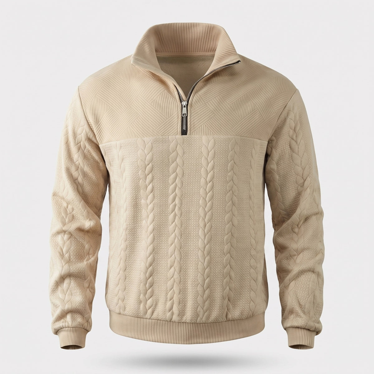 Quarter-zip herentrui met kabelreliëf en opstaande kraag - zand