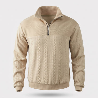 Quarter-zip herentrui met kabelreliëf en opstaande kraag - zand