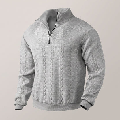 Quarter-zip herentrui met kabelreliëf en opstaande kraag - lichtgrijs
