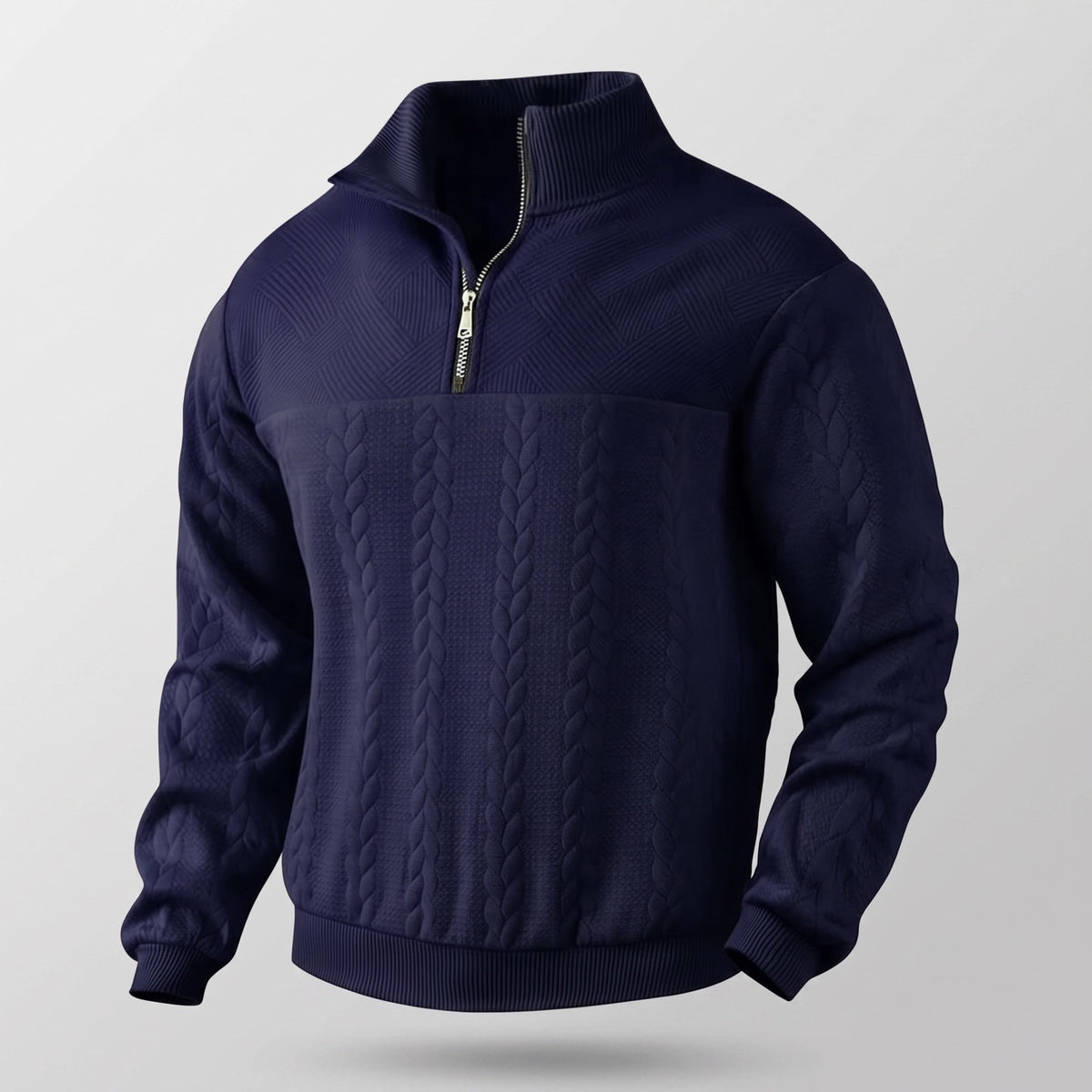 Quarter-zip herentrui met kabelreliëf en opstaande kraag - marineblauw