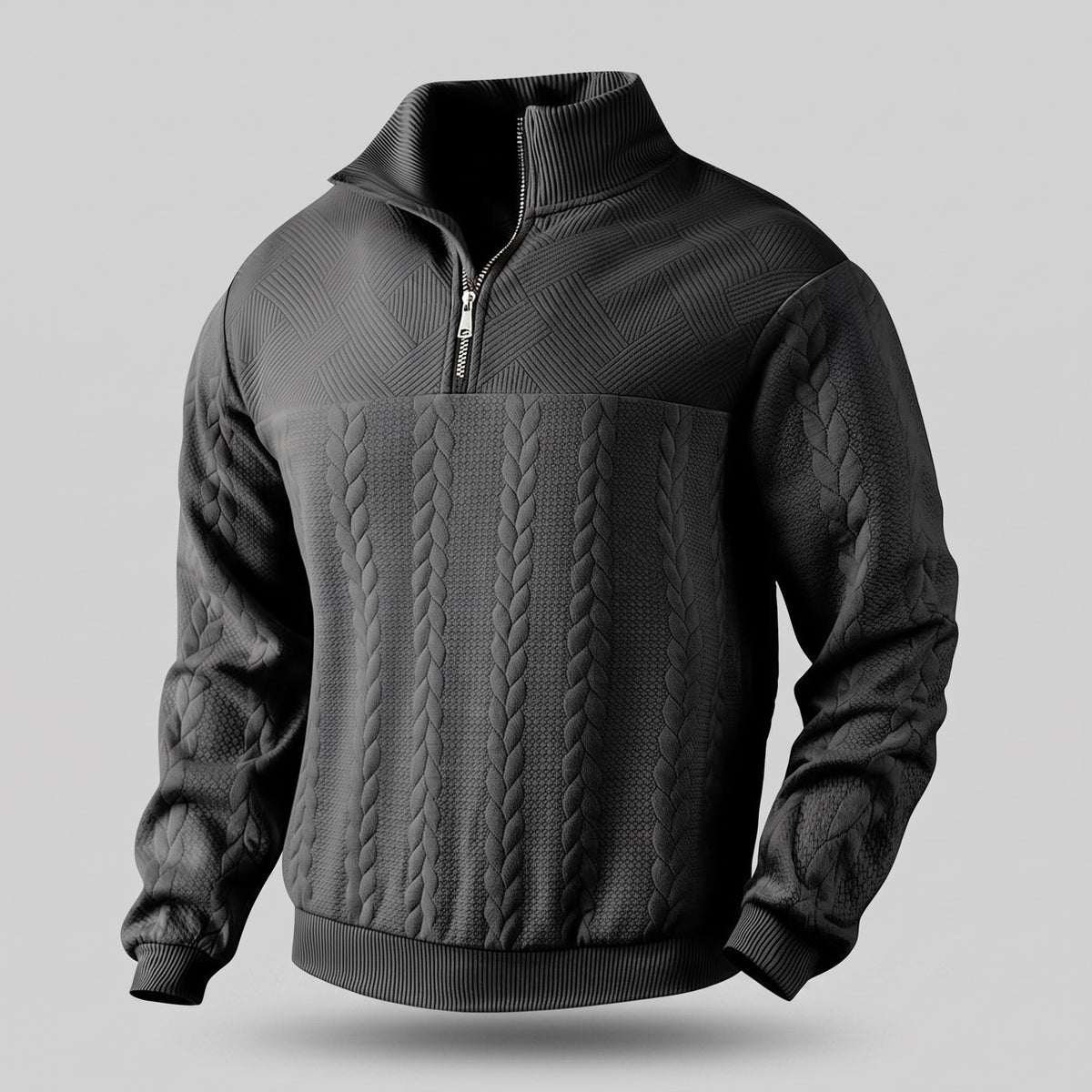 Quarter-zip herentrui met kabelreliëf en opstaande kraag - zwart