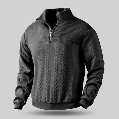Quarter-zip herentrui met kabelreliëf en opstaande kraag - zwart