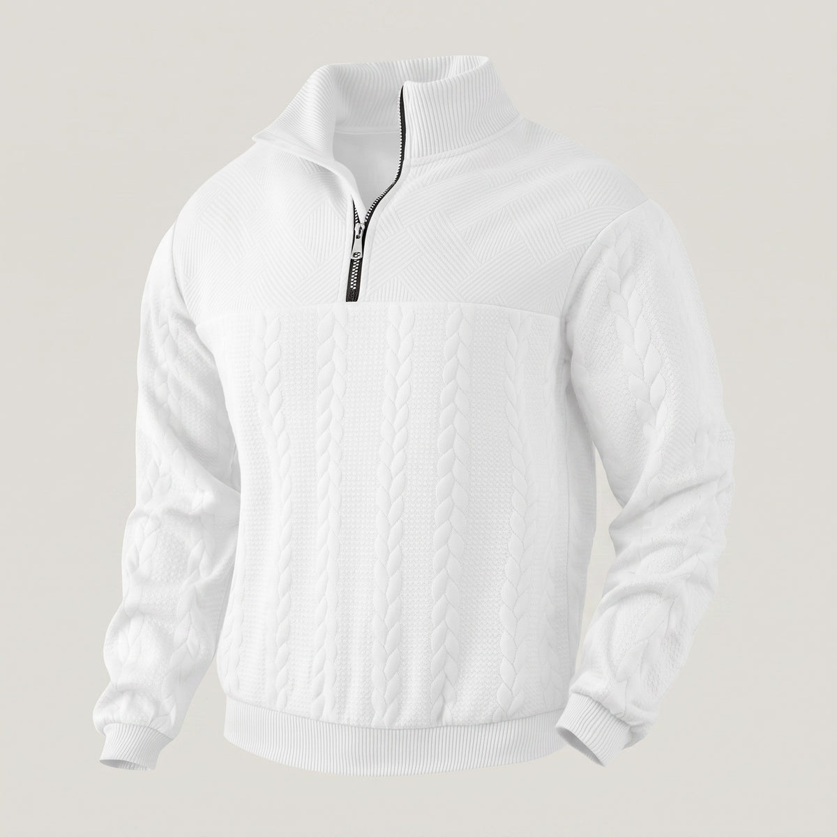 Quarter-zip herentrui met kabelreliëf en opstaande kraag - wit