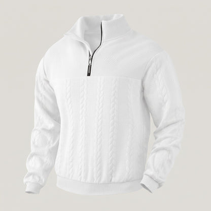 Quarter-zip herentrui met kabelreliëf en opstaande kraag - wit