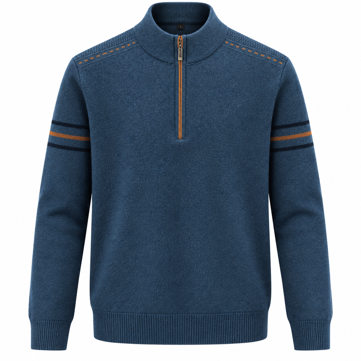 Quarter-zip herentrui met opstaande kraag en strepen op de mouw - blauw