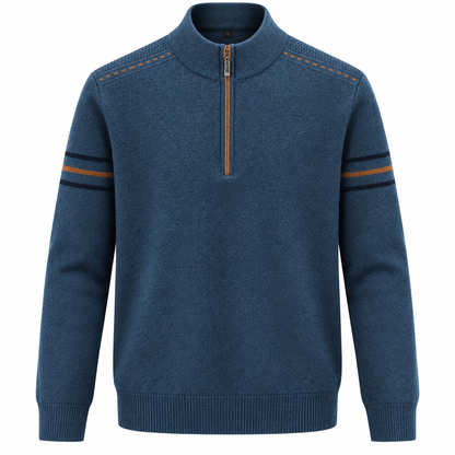 Quarter-zip herentrui met opstaande kraag en strepen op de mouw - blauw