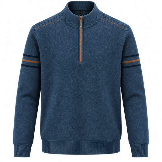 Quarter-zip herentrui met opstaande kraag en strepen op de mouw - blauw