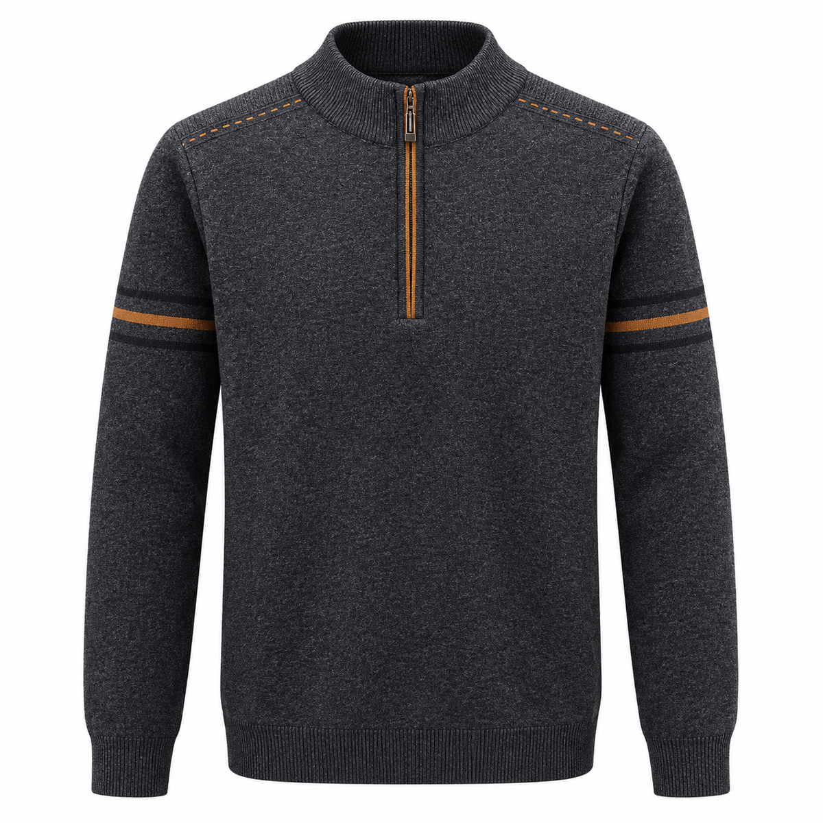 Quarter-zip herentrui met opstaande kraag en strepen op de mouw - antraciet