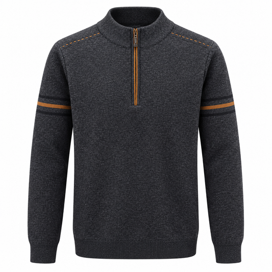 Quarter-zip herentrui met opstaande kraag en strepen op de mouw - antraciet