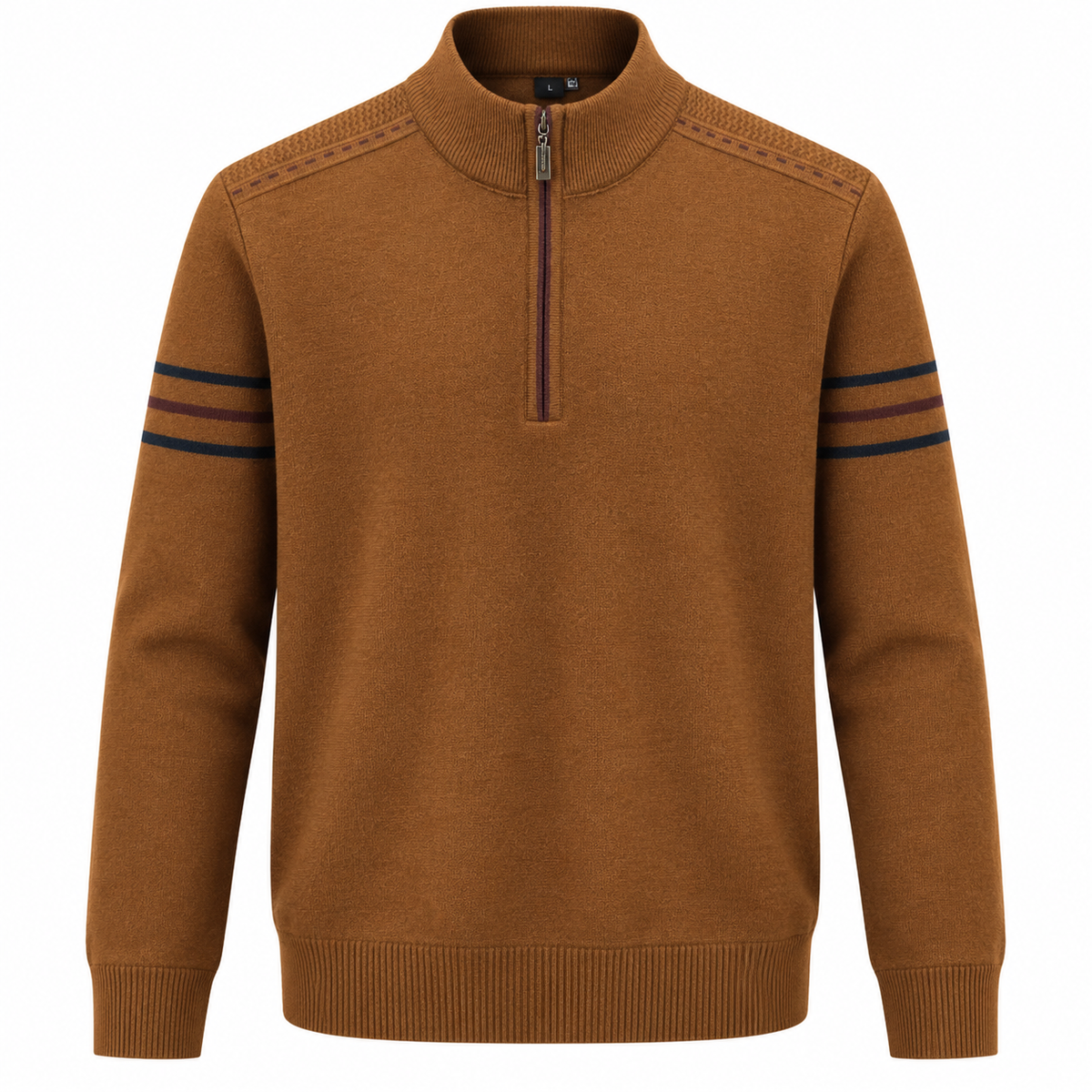 Quarter-zip herentrui met opstaande kraag en strepen op de mouw - roestbruin