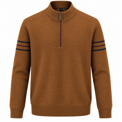 Quarter-zip herentrui met opstaande kraag en strepen op de mouw - roestbruin