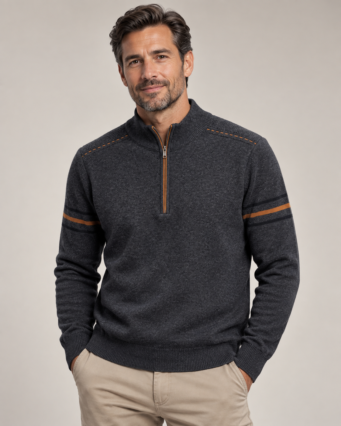 Quarter-zip herentrui met opstaande kraag en strepen op de mouw