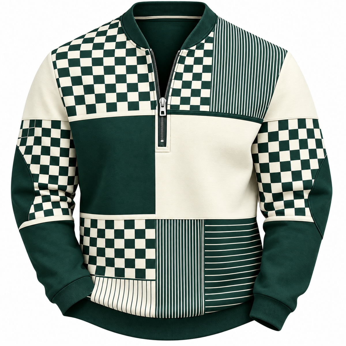 Quarter-zip herentrui met patchworkprint en opstaande kraag - groen