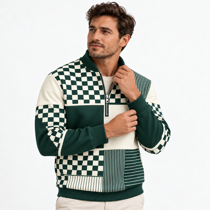 Quarter-zip herentrui met patchworkprint en opstaande kraag