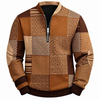 Quarter-zip herentrui met patchworkprint en opstaande kraag - camel