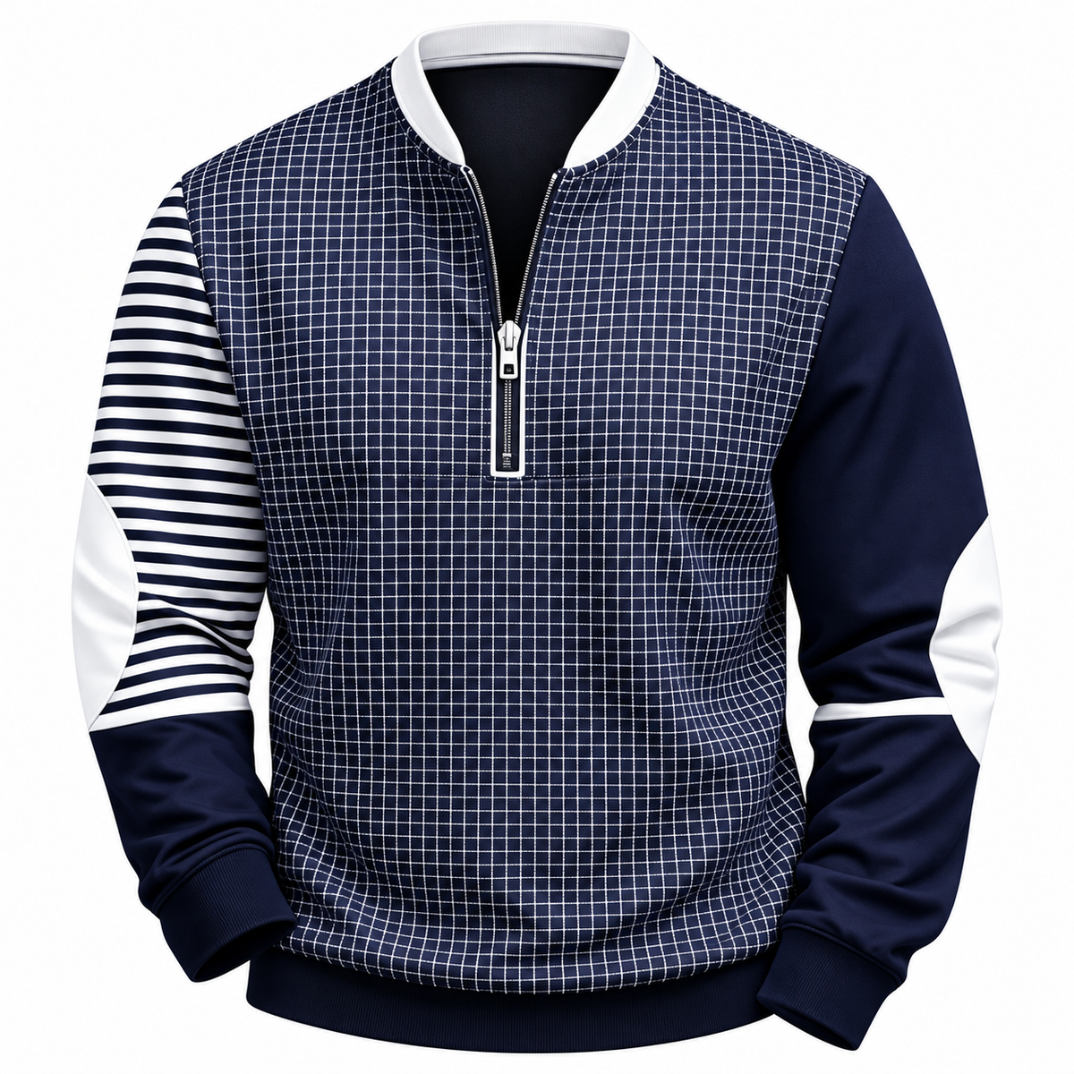 Quarter-zip herentrui met patchworkprint en opstaande kraag - donkerblauw