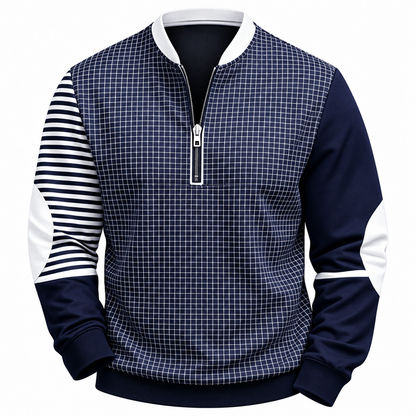 Quarter-zip herentrui met patchworkprint en opstaande kraag - donkerblauw