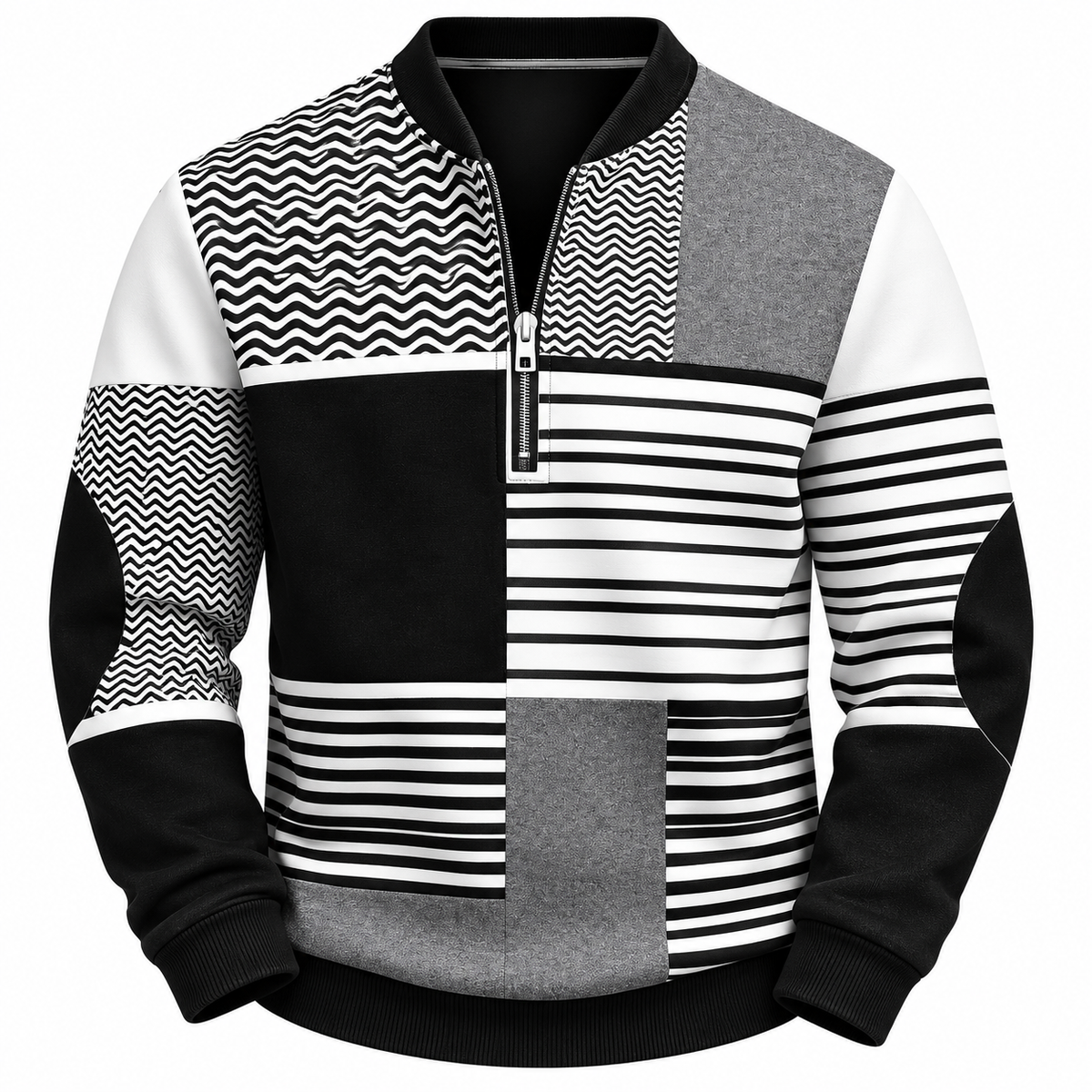 Quarter-zip herentrui met patchworkprint en opstaande kraag - zwart/grijs