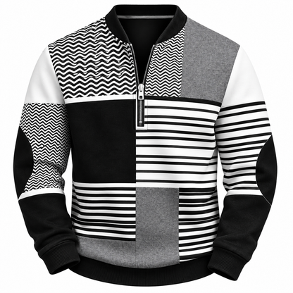 Quarter-zip herentrui met patchworkprint en opstaande kraag - zwart/grijs