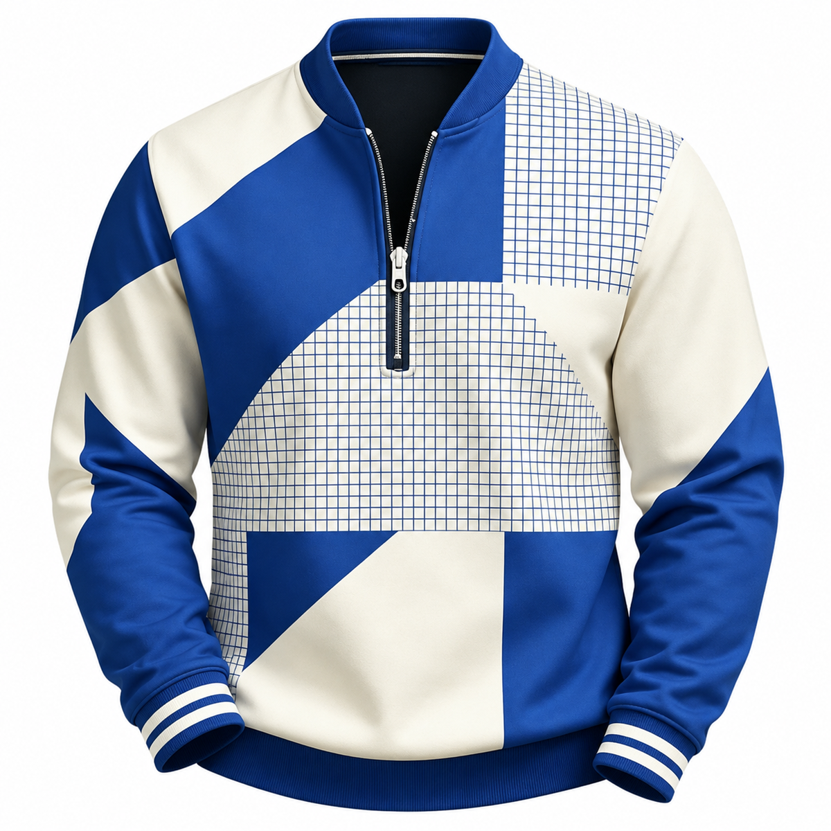 Quarter-zip herentrui met patchworkprint en opstaande kraag - blauw/crème