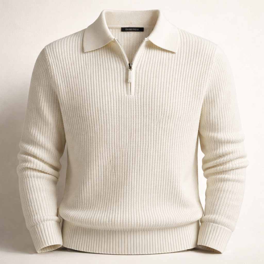 Quarter-zip herentrui met polokraag in ribbreisel - gebroken wit