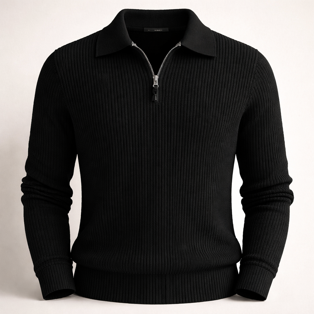 Quarter-zip herentrui met polokraag in ribbreisel - zwart