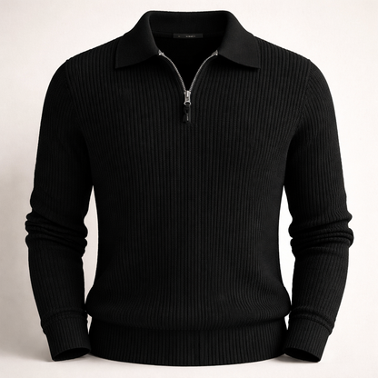 Quarter-zip herentrui met polokraag in ribbreisel - zwart