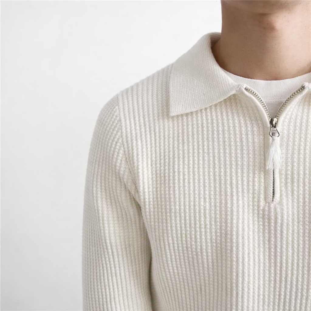 Quarter-zip herentrui met polokraag in ribbreisel