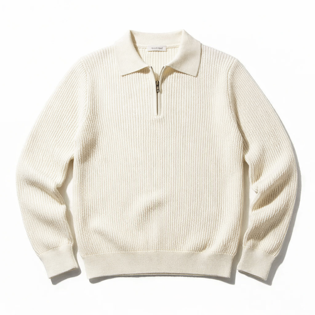Quarter-zip herentrui met polokraag in ribbreisel