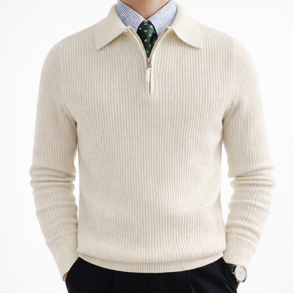 Quarter-zip herentrui met polokraag in ribbreisel