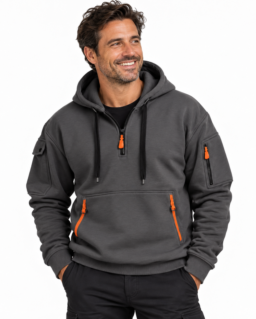 Quarter-zip hoodie voor heren met ritszakken in contrastkleur