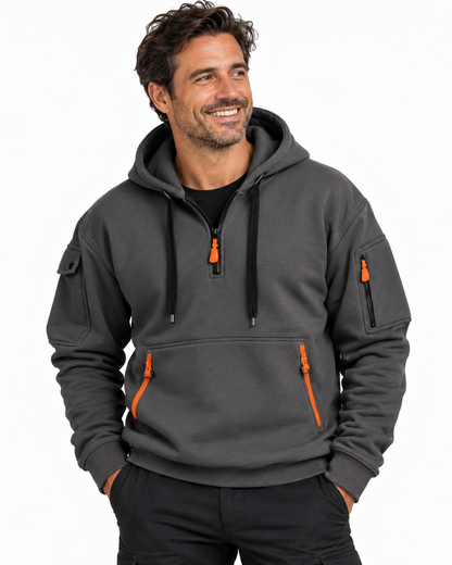 Quarter-zip hoodie voor heren met ritszakken in contrastkleur