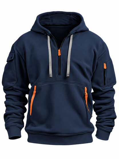 Quarter-zip hoodie voor heren met ritszakken in contrastkleur - marineblauw