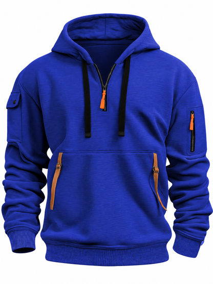Quarter-zip hoodie voor heren met ritszakken in contrastkleur - kobaltblauw
